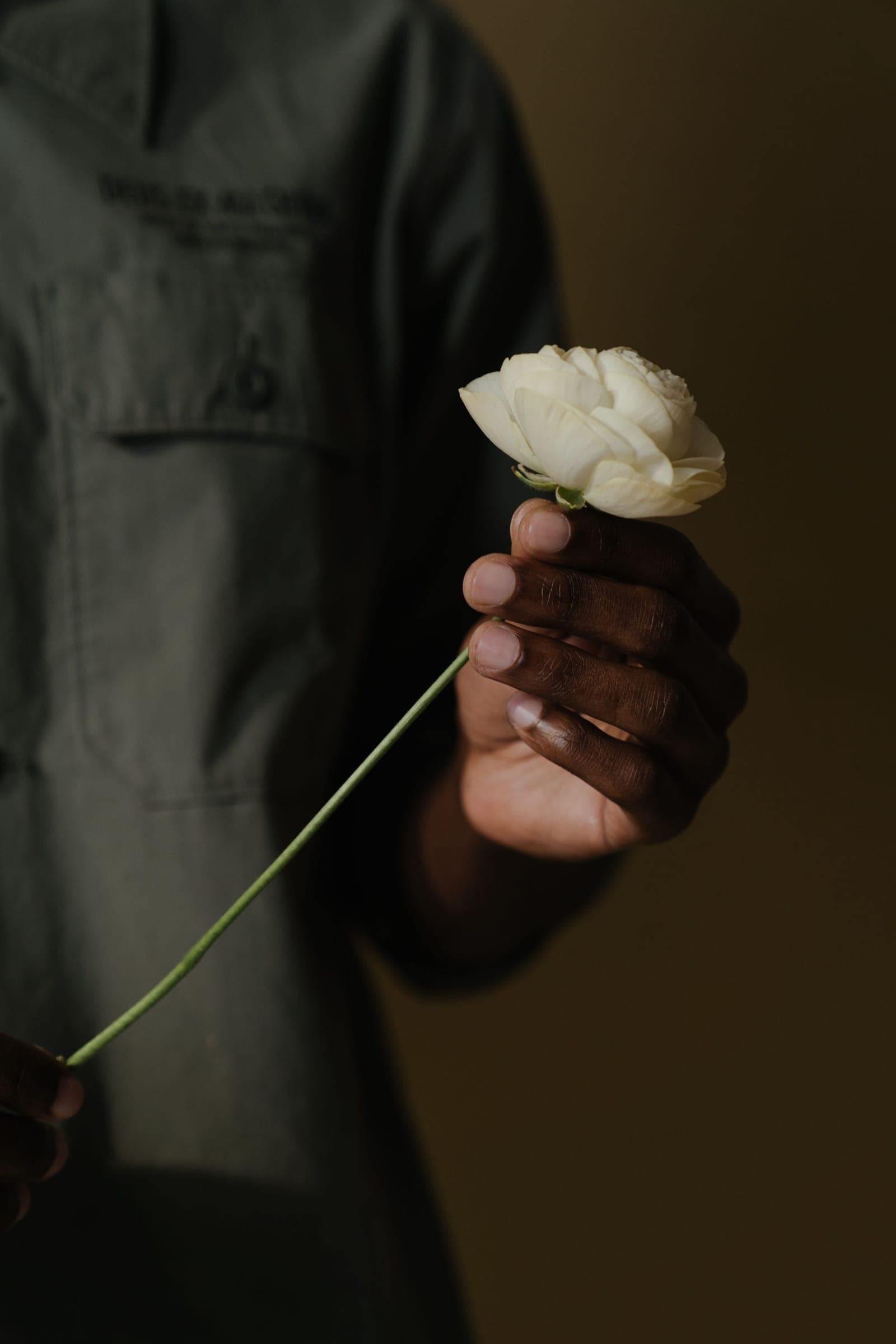 A man holding a single white rose